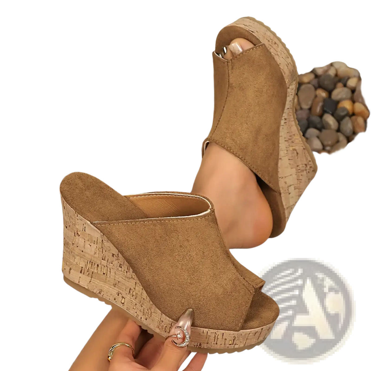 Tan suede women cork wedge sandals with open toe high heels and cork sole featuring metallic toe clasp