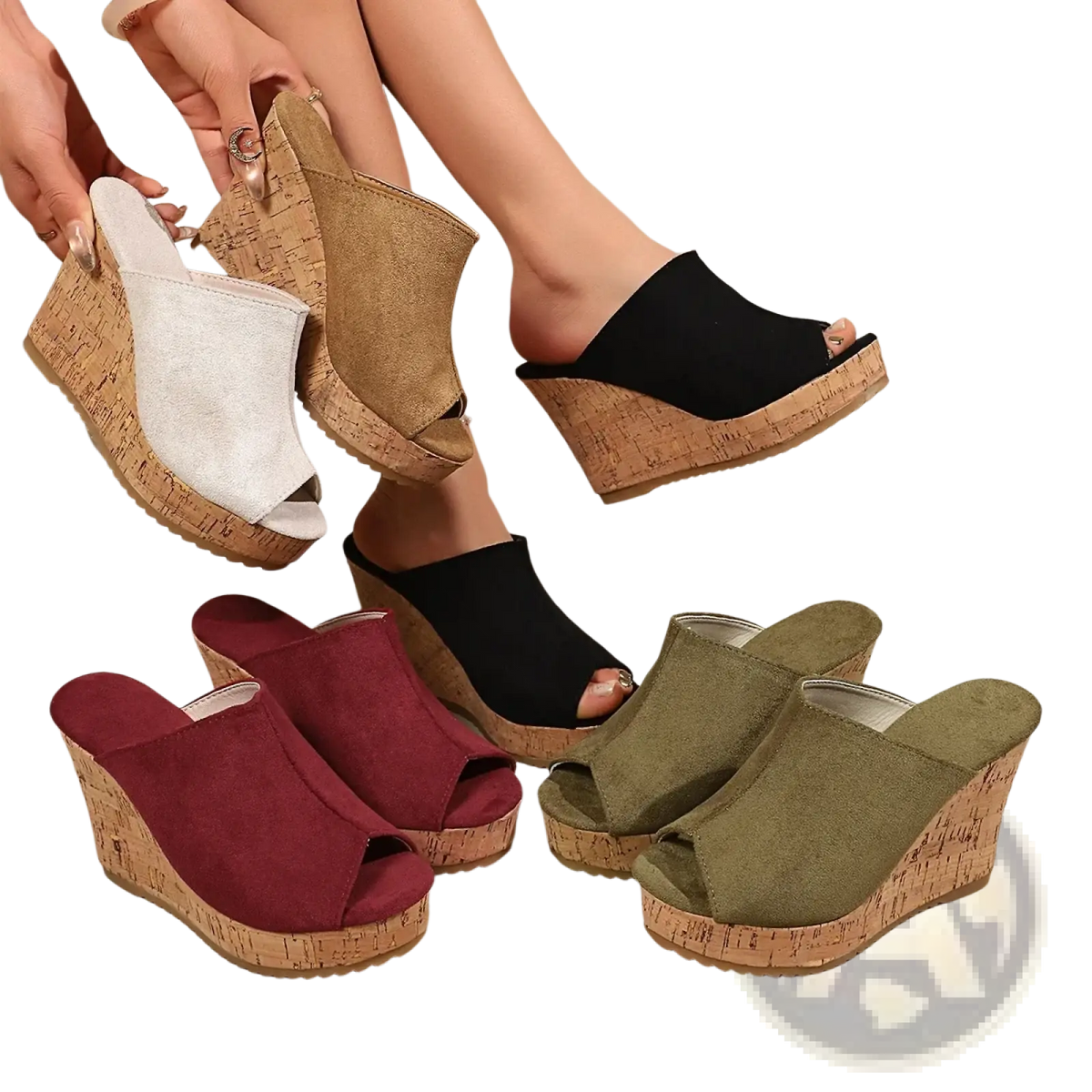 Women cork wedge sandals open toe high heels in white gold black maroon and olive green colors