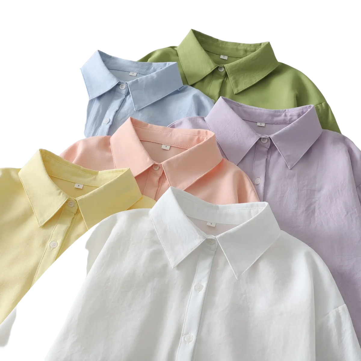 A collection of pastel-colored women cotton blend long sleeve casual button-up blouses with classic collars and neat stitching