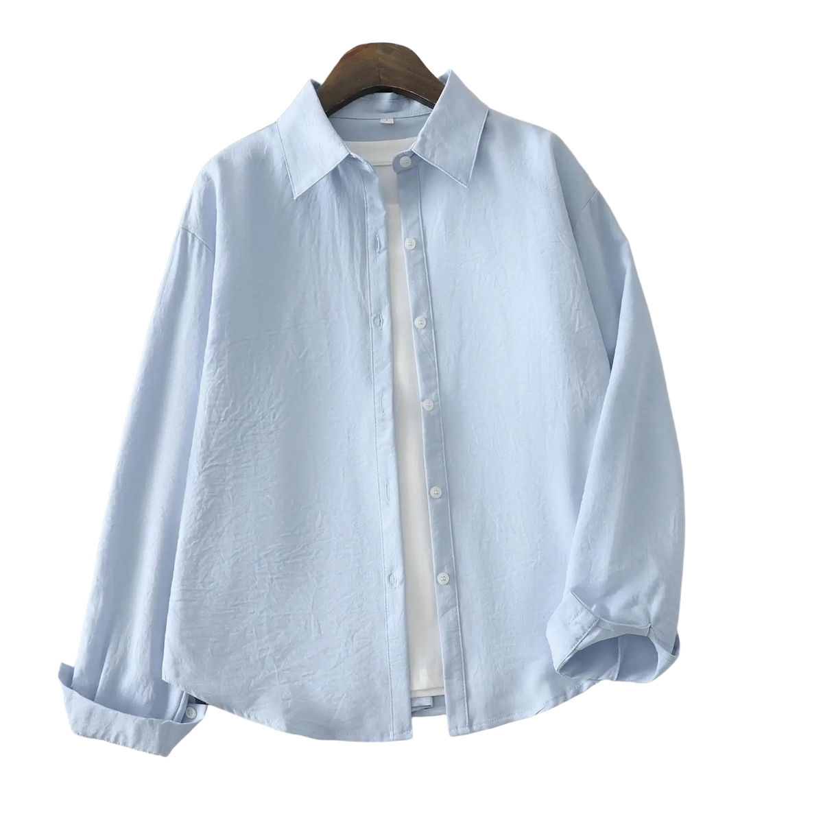 Light blue women cotton blend long sleeve casual blouse with classic collar and rolled cuffs buttoned up