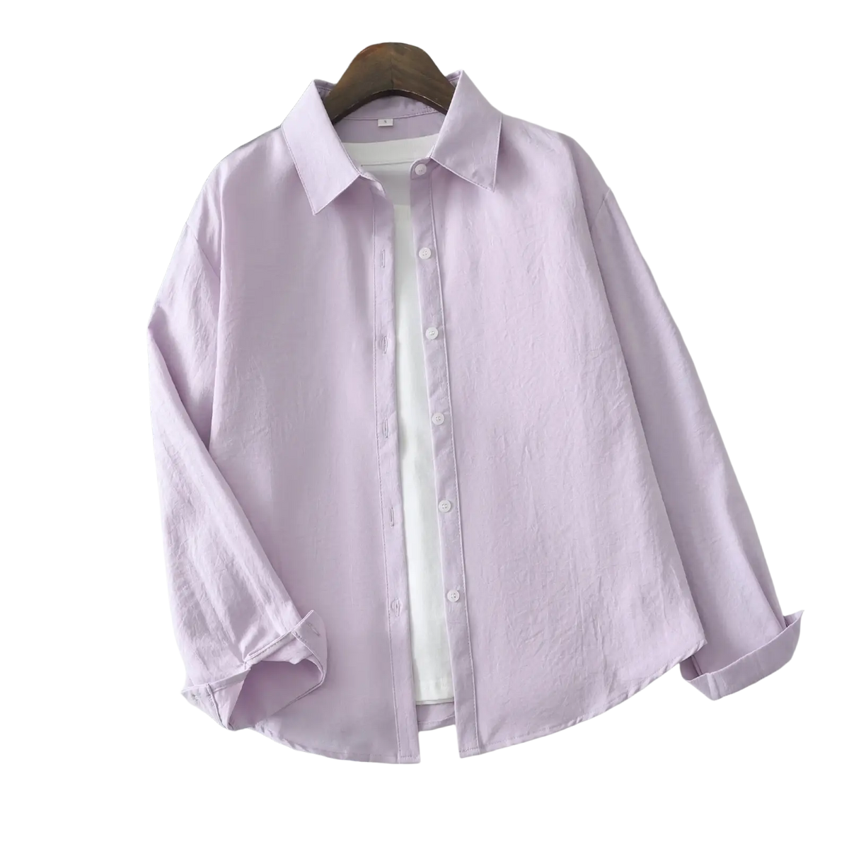A soft lavender women cotton blend long sleeve casual blouse with classic collar and rolled cuffs