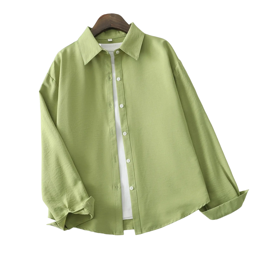 Women cotton blend long sleeve casual blouse in soft light green with classic collar and white buttons