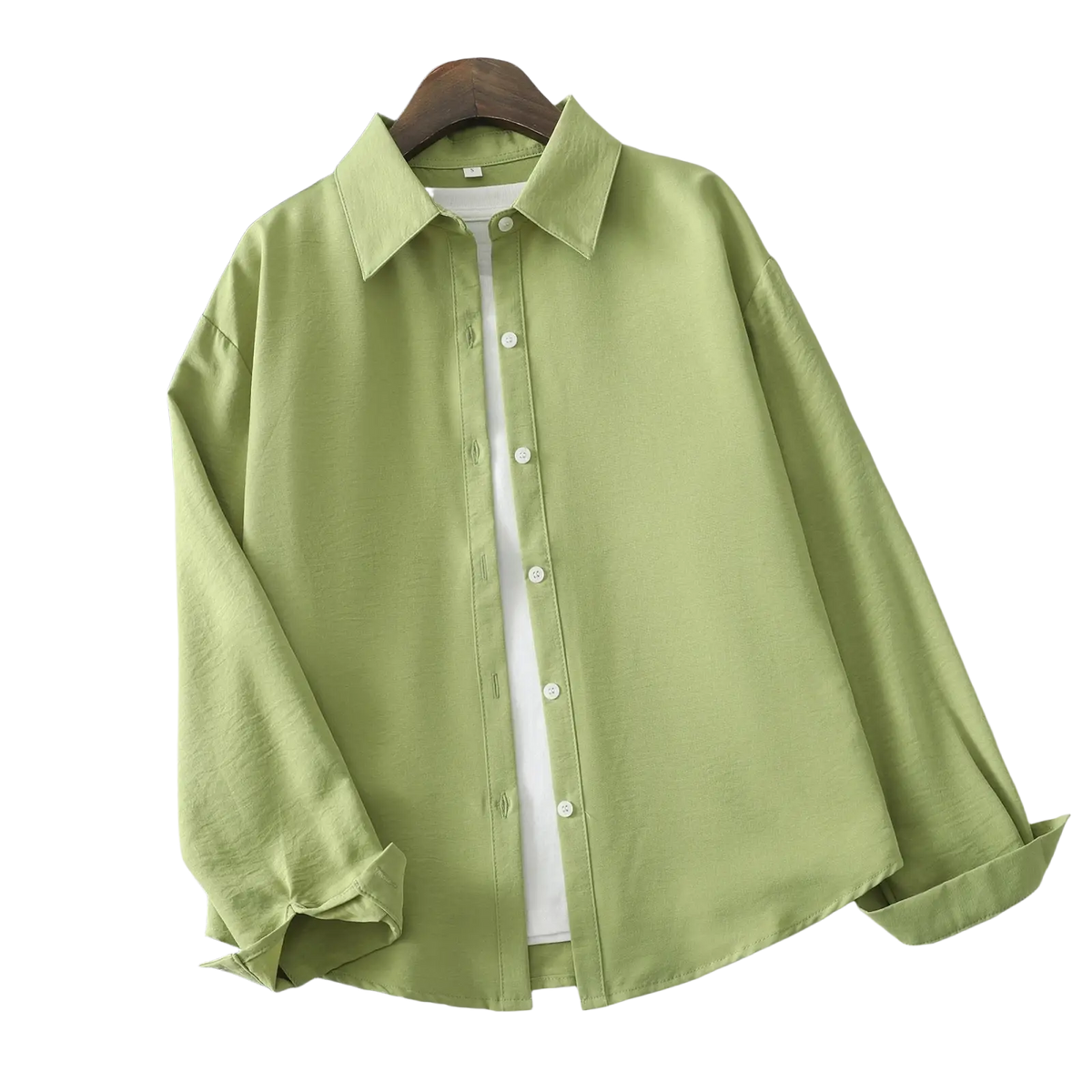 Women cotton blend long sleeve casual blouse in soft light green with classic collar and white buttons