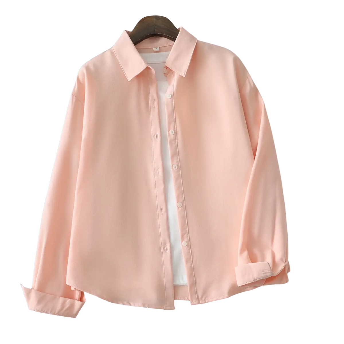 Women cotton blend long sleeve casual blouse in soft peach with classic collar and neatly rolled cuffs
