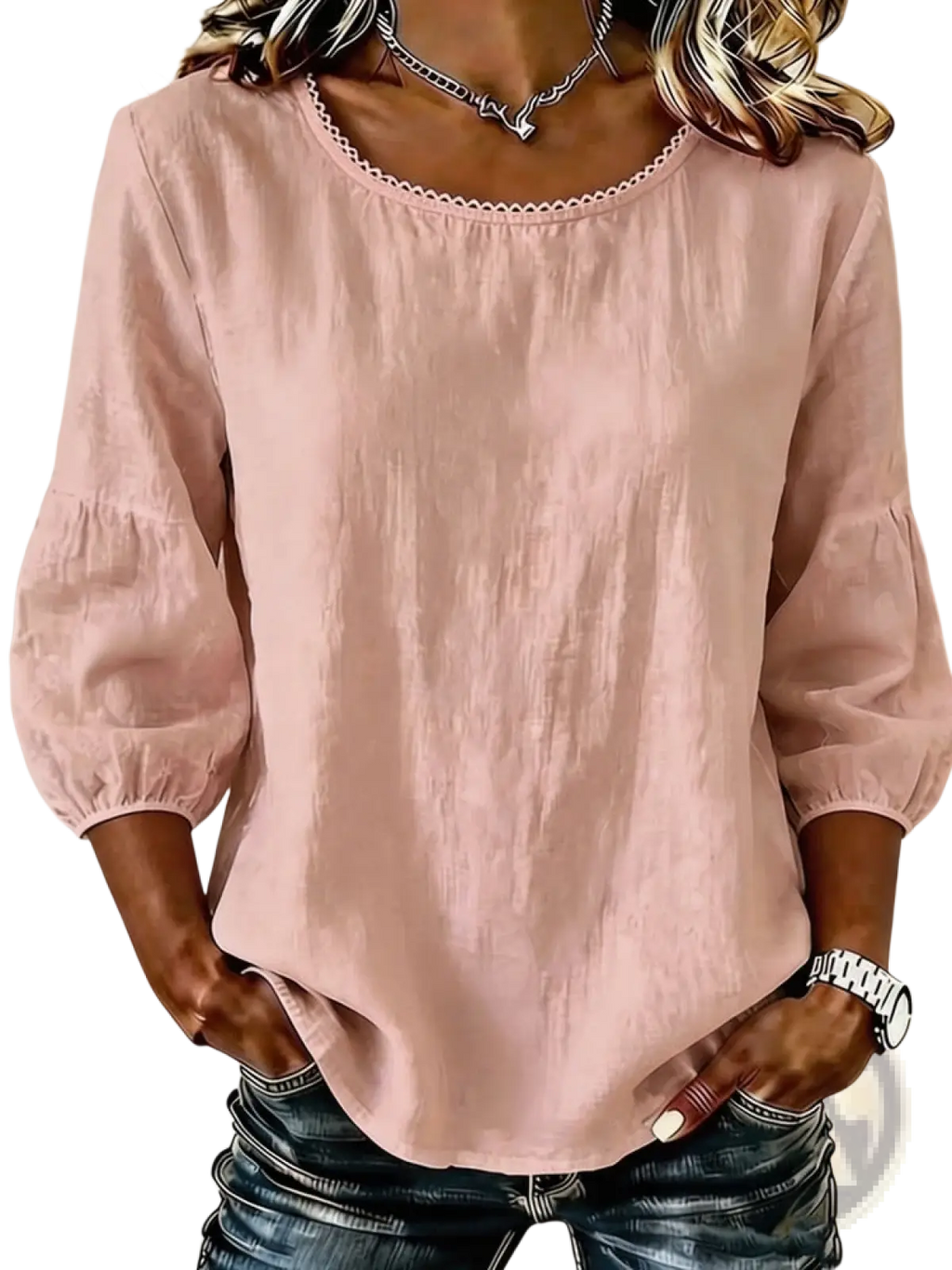 A soft pink lightweight linen blouse with round neckline and puffed sleeves for casual women’s wear