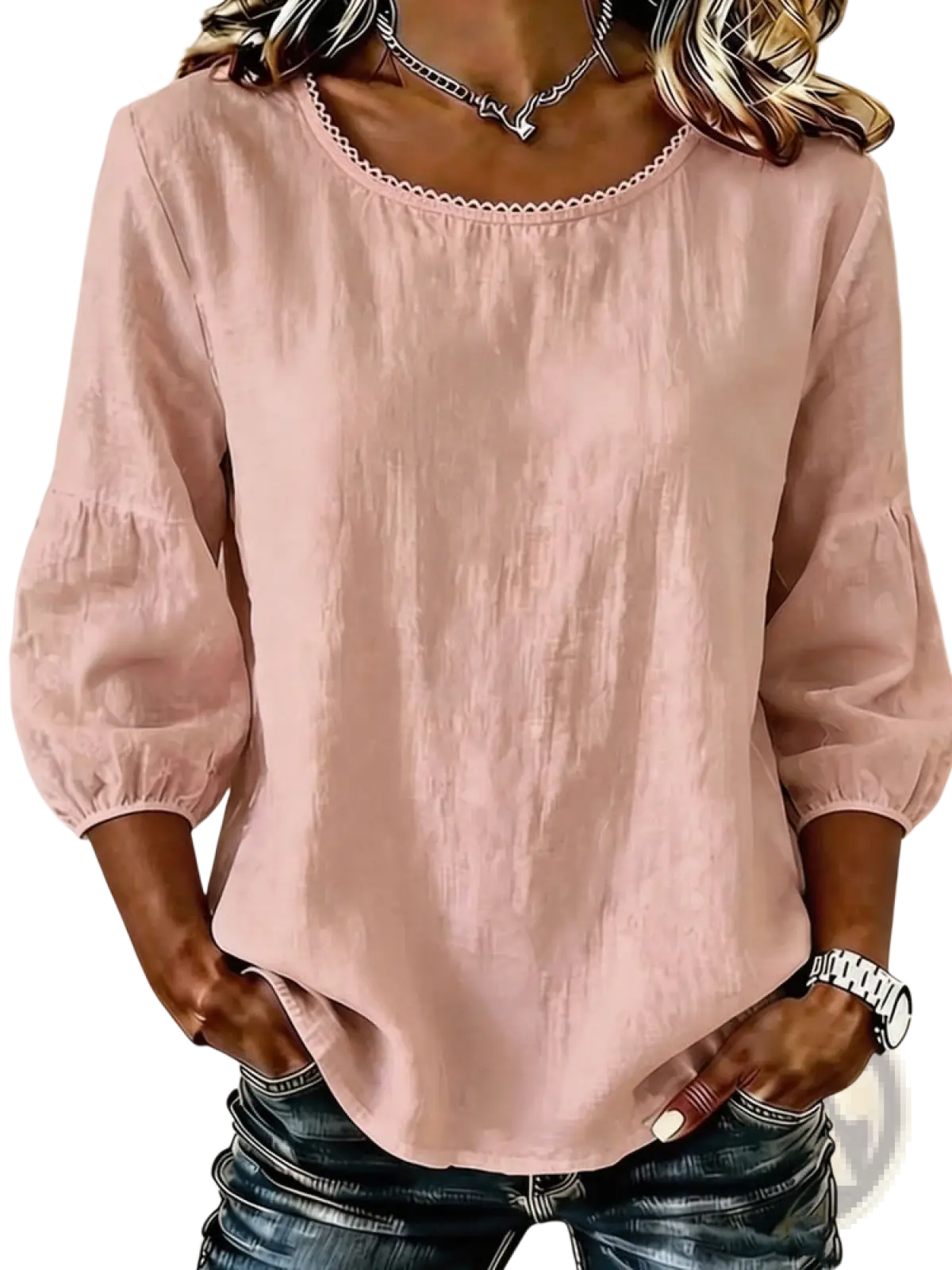A soft pink lightweight linen blouse with round neckline and puffed sleeves for casual women’s wear