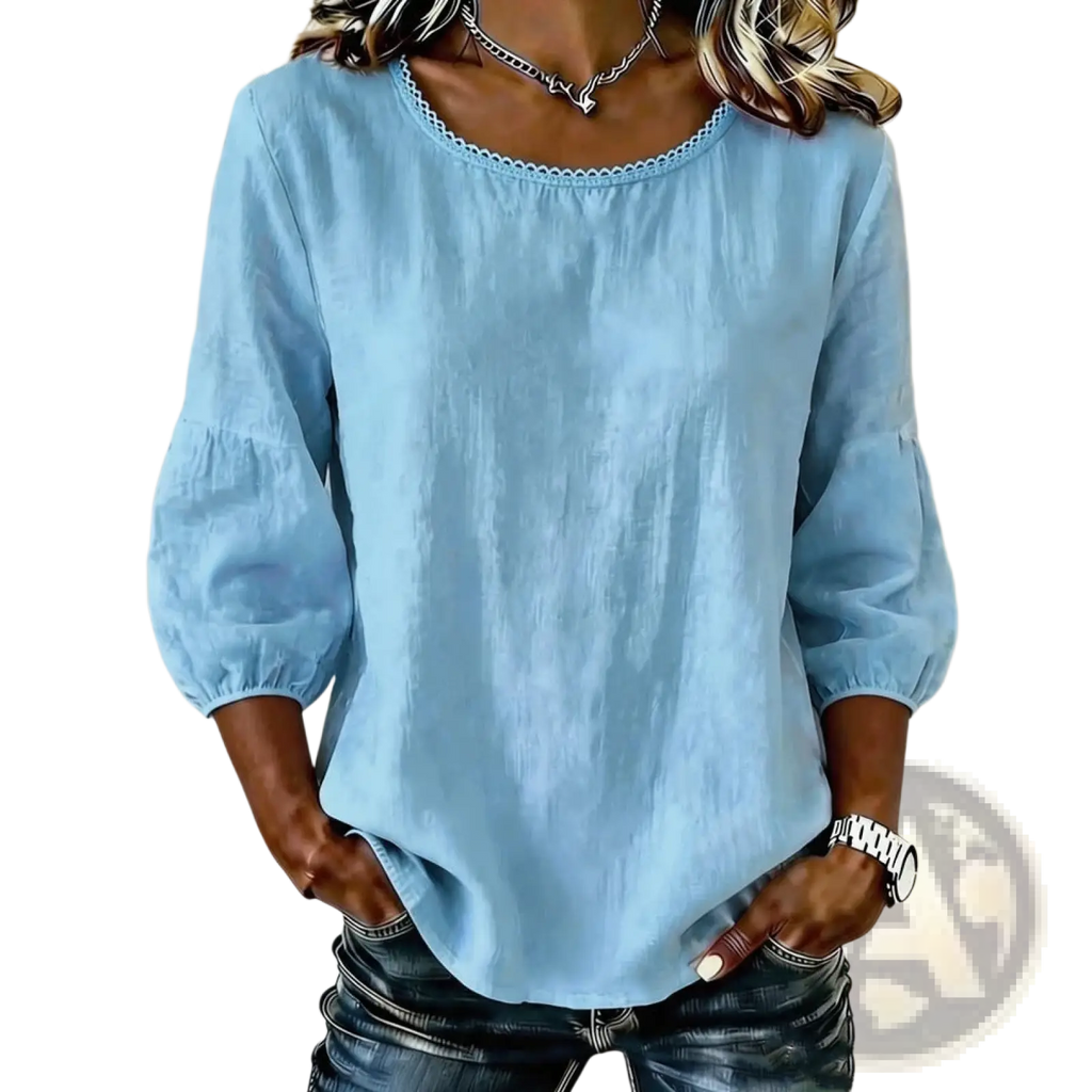 Light blue cotton casual women blouse with loose fit three quarter puff sleeves and scalloped neckline
