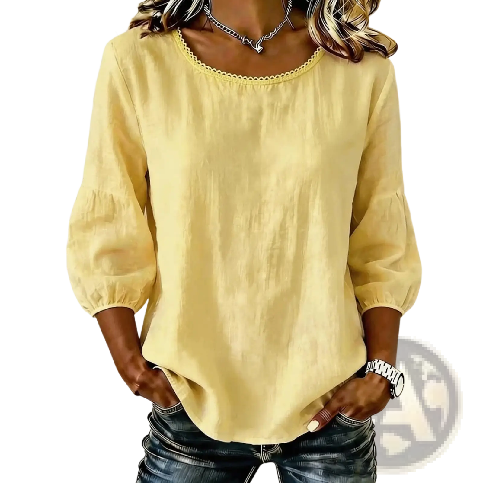 Women cotton casual long sleeve blouse in soft yellow with loose fit three quarter sleeves and scalloped neckline
