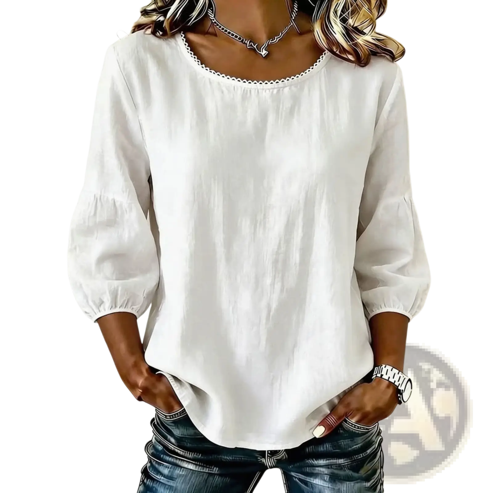White lightweight cotton blouse with round neckline and puffed three quarter sleeves for casual wear