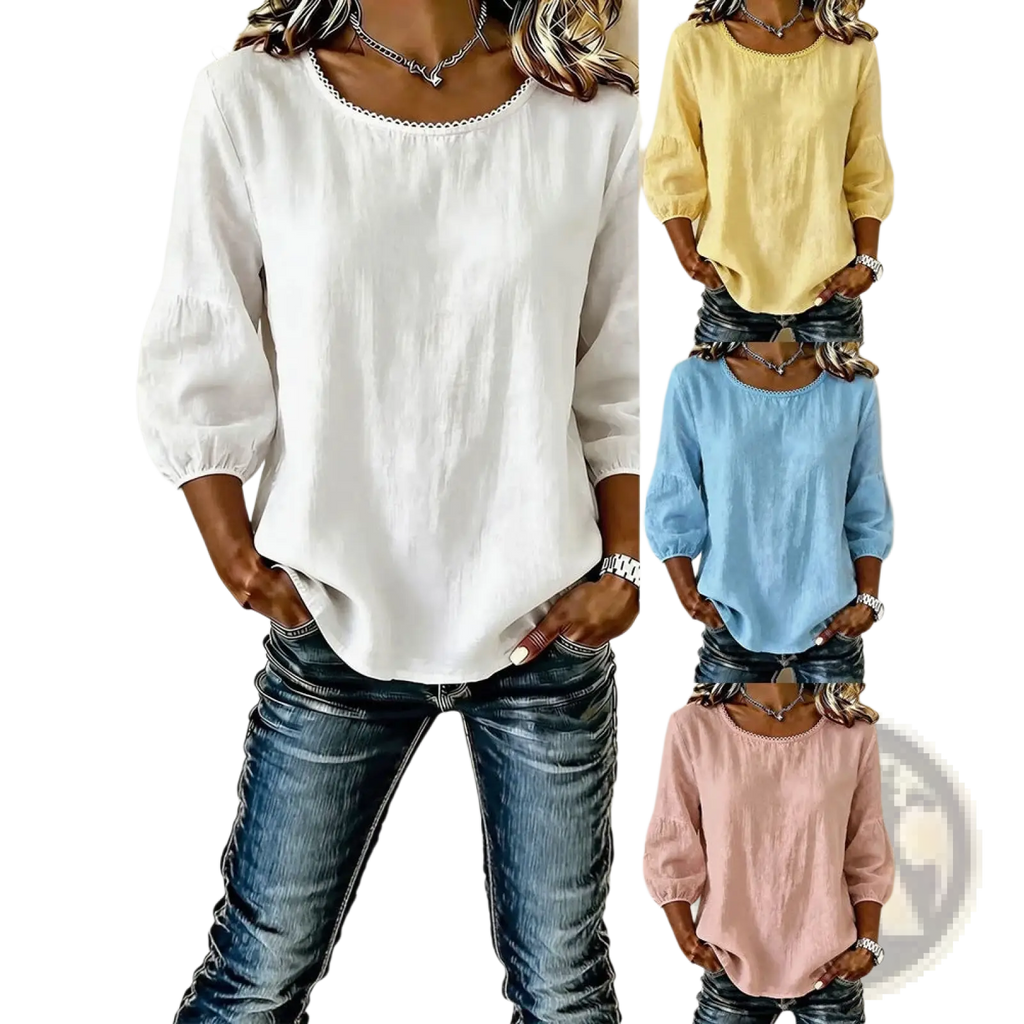 White cotton women casual long sleeve blouse with round neckline and puffed sleeves, loose fitting design