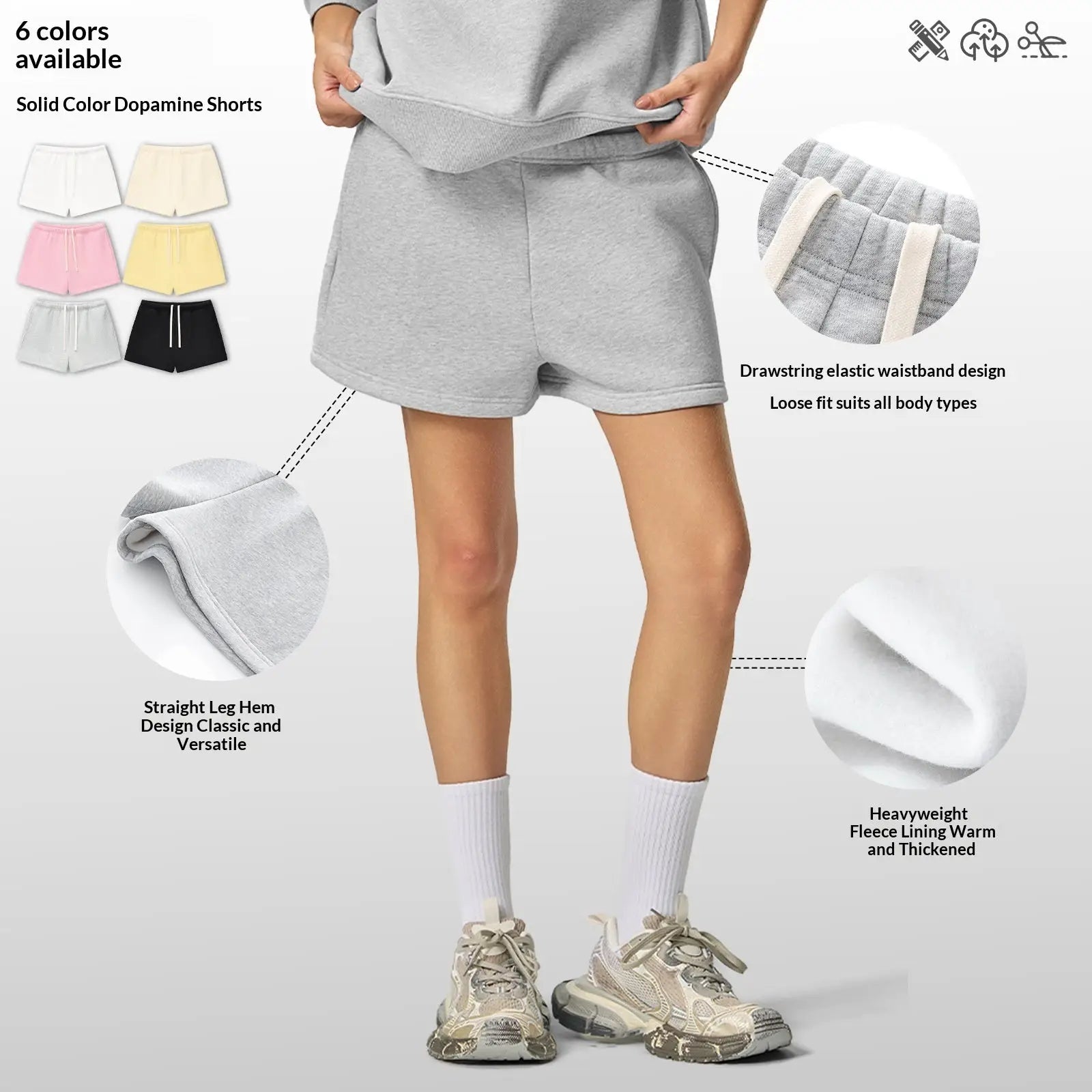 Women cotton casual gray dopamine shorts with heavyweight fleece lining and drawstring elastic waistband for comfort