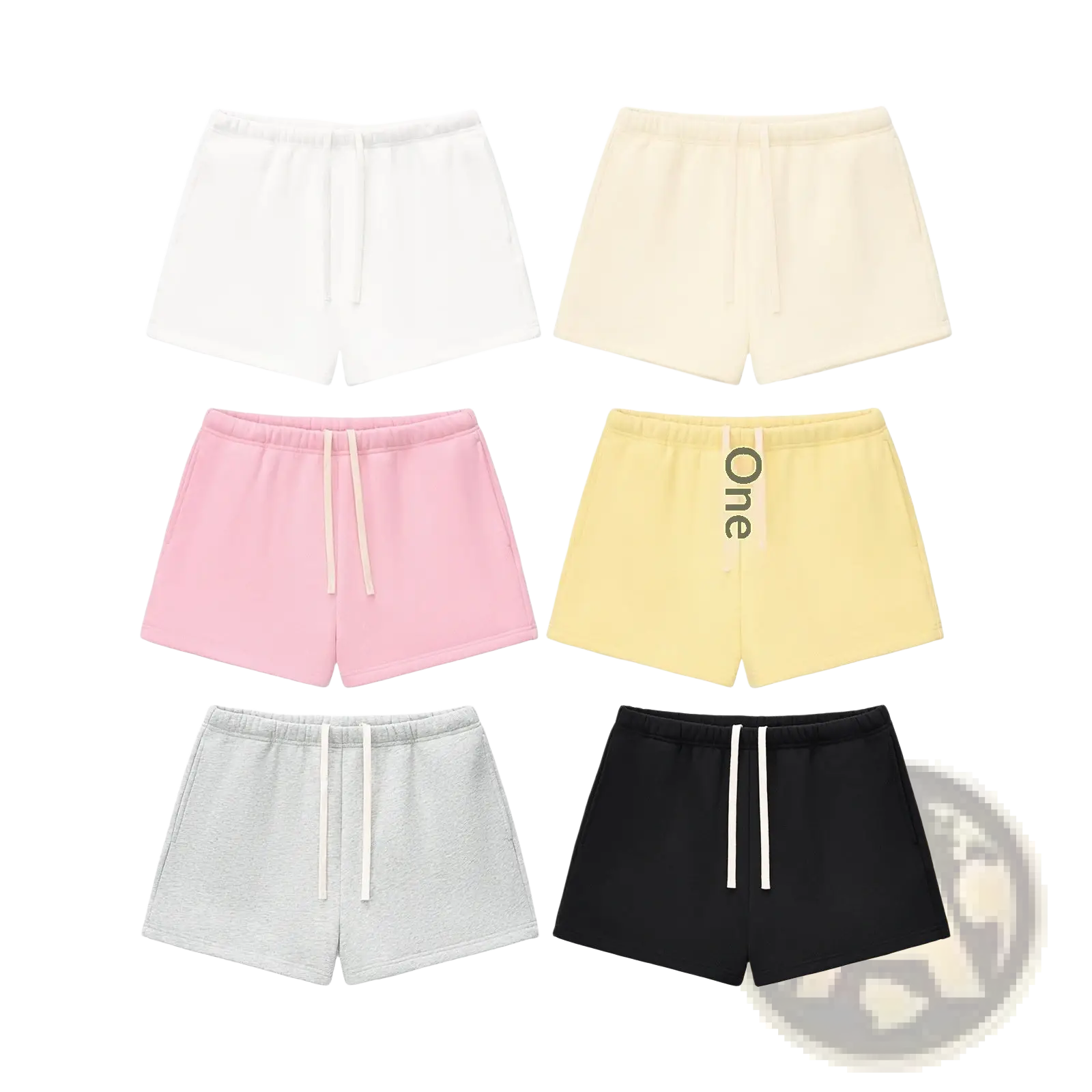 Women cotton casual fleece hot pants in pastel white cream pink yellow gray and black with elastic waistbands and drawstrings