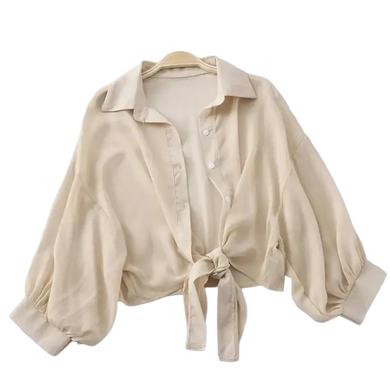 Beige cotton chiffon blouse with button-down front tied waist and lantern sleeve style detailing in inch cm inch