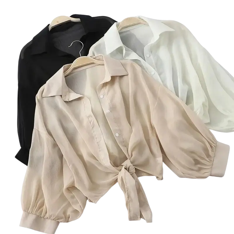 Beige cotton chiffon women blouse with front tie and puffed sleeve style in inch cm inch soft fabric design