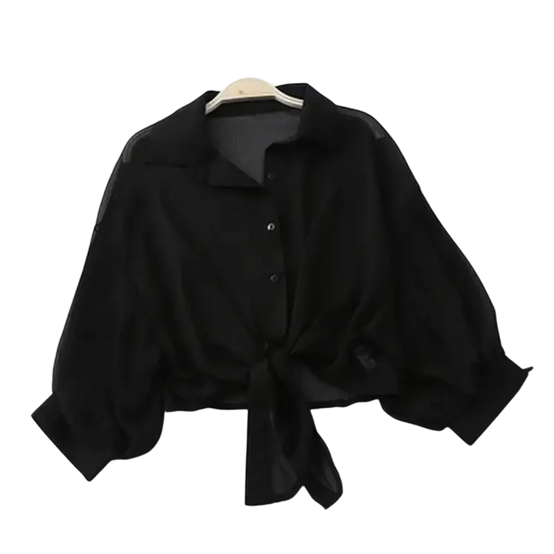 Black sheer cotton chiffon blouse with tied waist button front design and lantern sleeve style for women inch cm inch