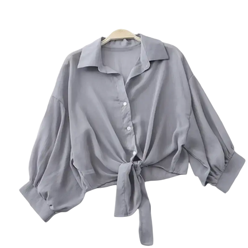 Women cotton chiffon blouse gray satin with classic collar button-front closure tied waist detail and sleeve style features