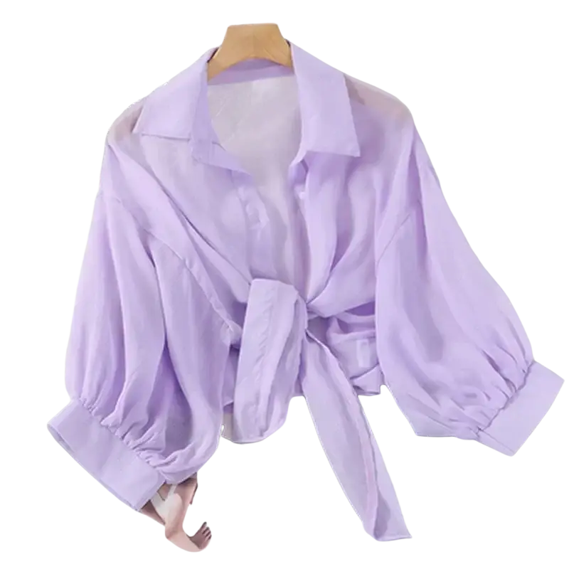Lavender cotton chiffon blouse with puffed sleeve style and tied front, designed for women in inch cm inch measurements
