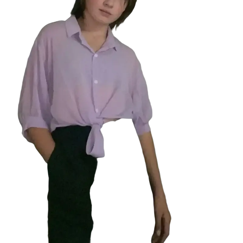 A soft lavender women cotton chiffon blouse with lantern sleeve style, loose fit, button-up front, and tied waist