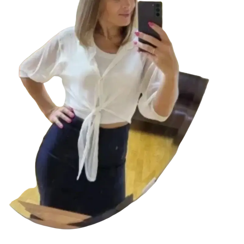 White cotton chiffon cropped blouse with short puffed sleeve style and tied front knot measuring inch cm inch