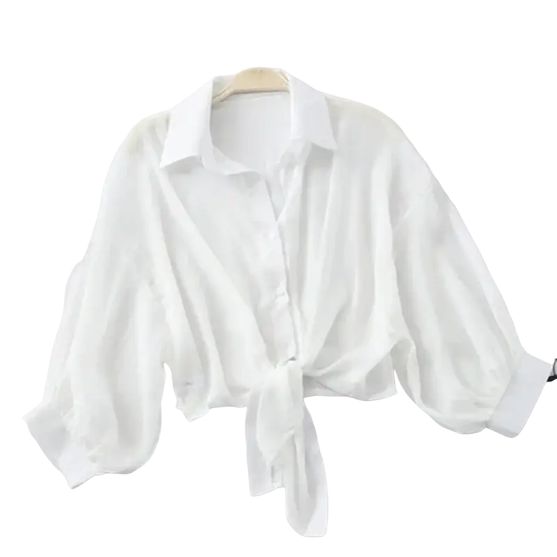 White lightweight cotton chiffon blouse with classic collar and button front featuring lantern sleeve style inch cm inch