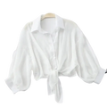 White lightweight cotton chiffon blouse with classic collar and button front featuring lantern sleeve style inch cm inch