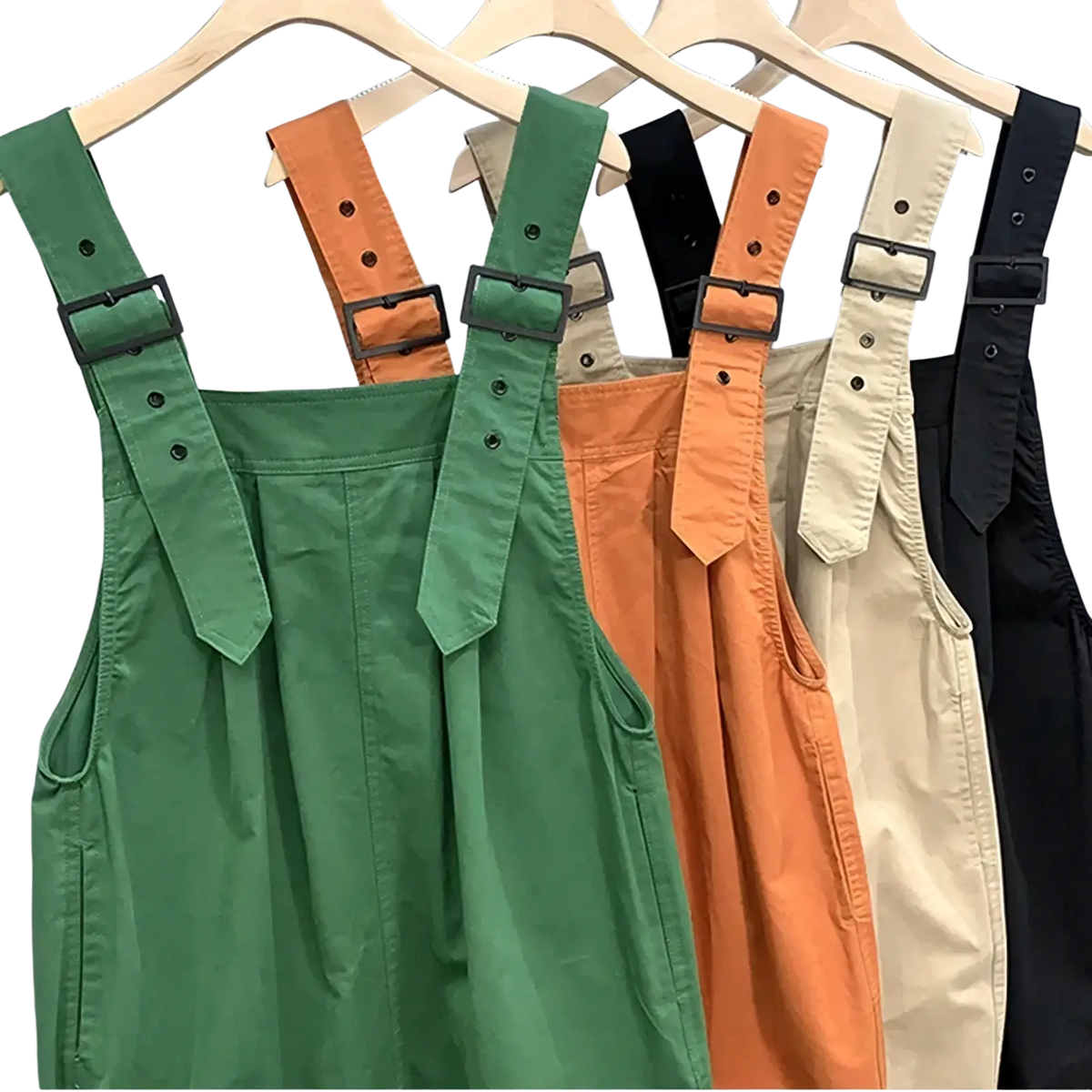 Women cotton dungaree jumpsuit in green canvas with adjustable shoulder straps and black metal buckles