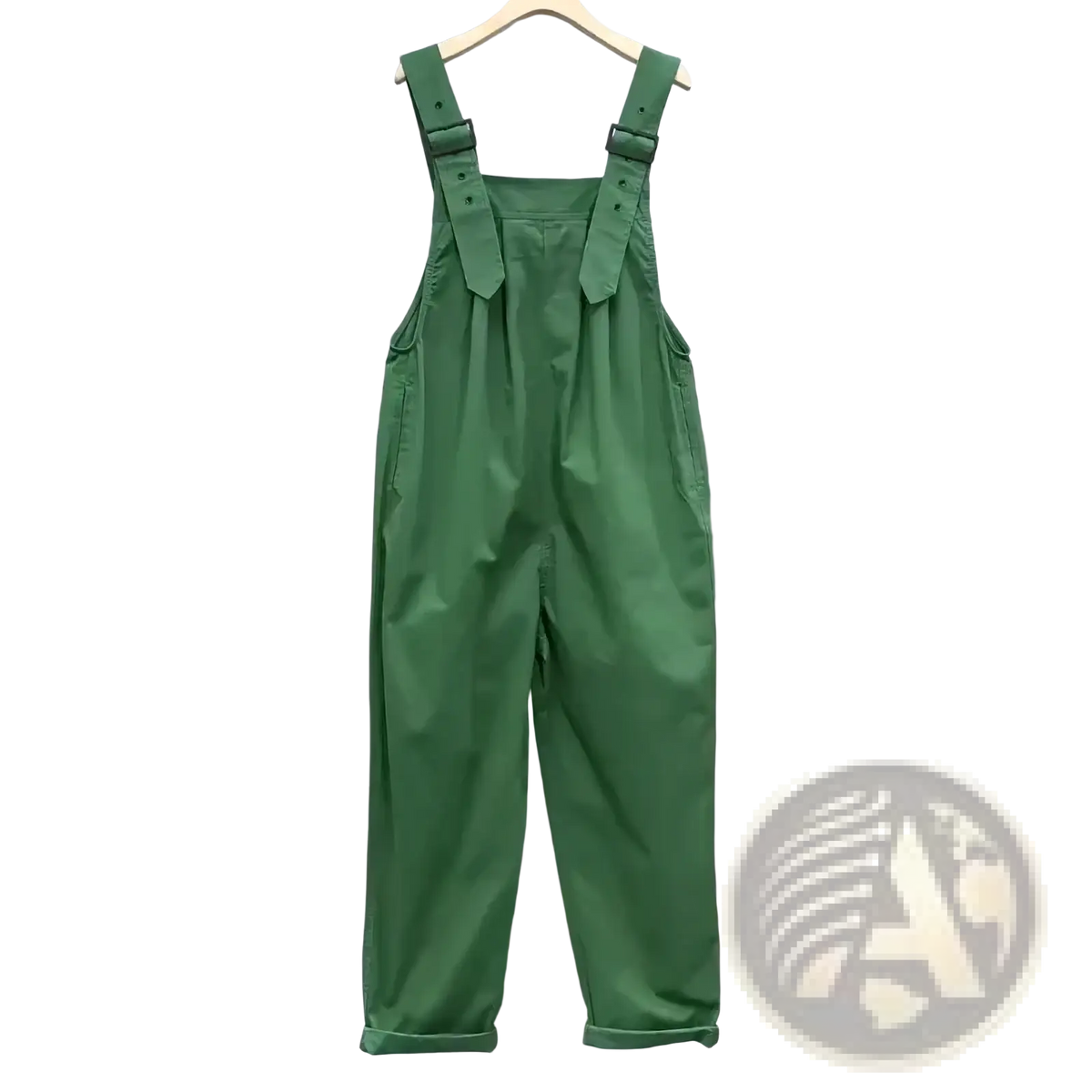 Women cotton dungaree jumpsuit in green canvas with adjustable shoulder straps and rolled cuffs