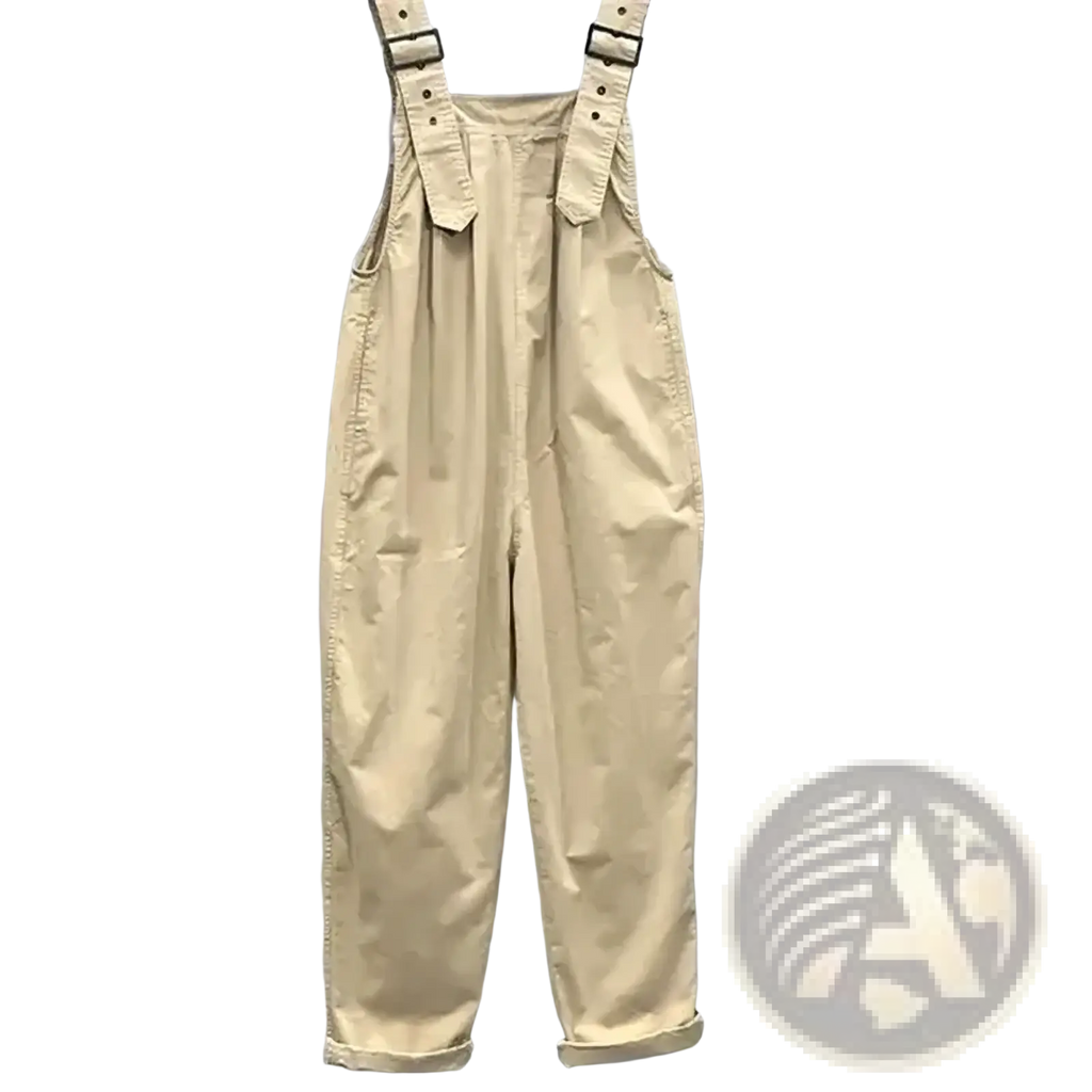 Beige women cotton dungaree jumpsuit with adjustable shoulder straps and rolled cuffs in overall pants style