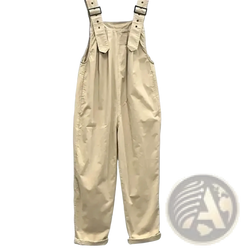 Beige women cotton dungaree jumpsuit with adjustable shoulder straps and rolled cuffs in overall pants style