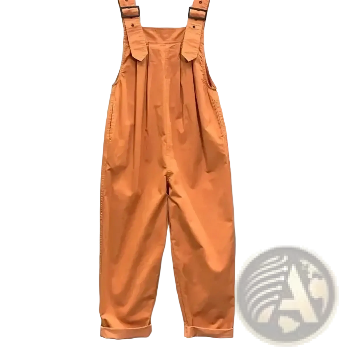 Orange cotton women dungaree jumpsuit with adjustable shoulder straps and rolled cuffs displayed from the back side