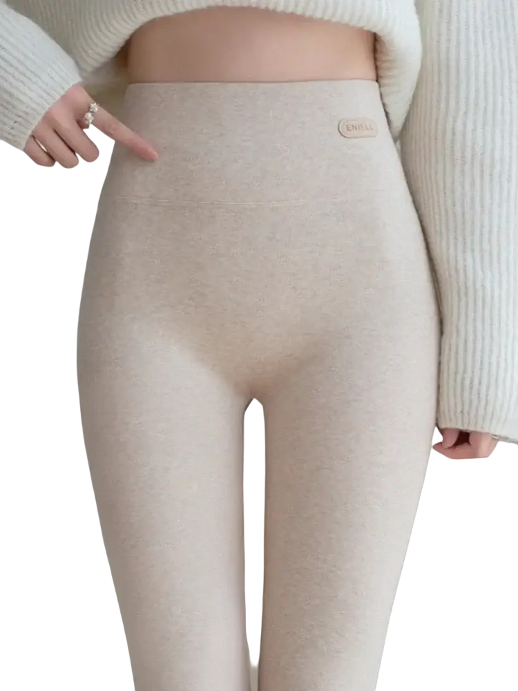 Beige high-waisted women cotton fleece slimming leggings with soft textured knit fabric and small brand tag at the waistband