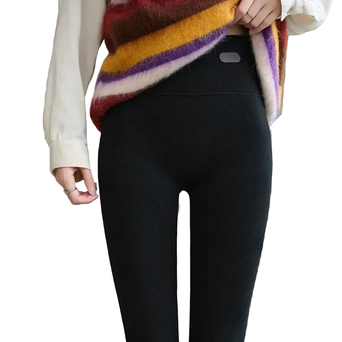 Black women cotton fleece slimming leggings with high waist smooth fabric and subtle gray tag at waistband