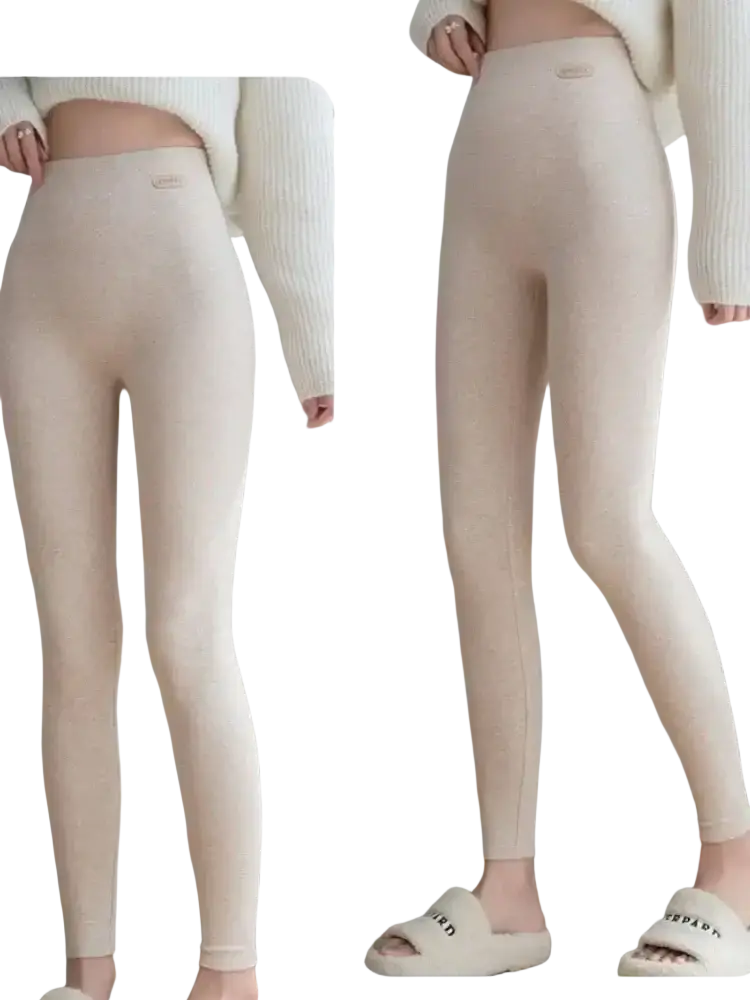Cream-colored women cotton fleece slimming leggings with high waist smooth stretchy fabric and vertical seam detailing
