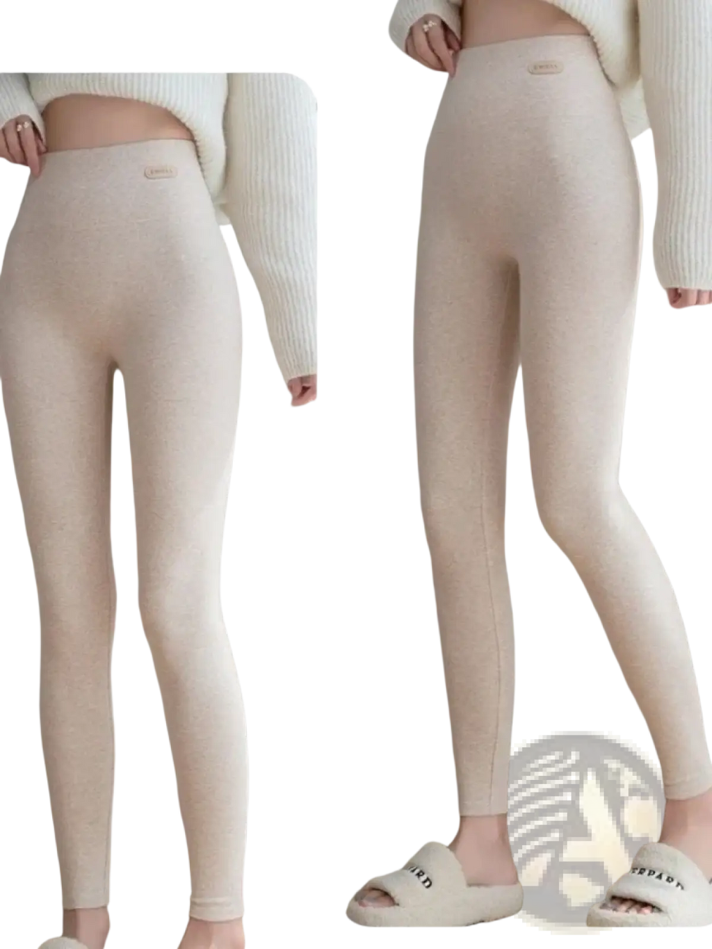 Cream-colored women cotton fleece slimming leggings with high waist and soft textured knit fabric with ribbed waistband
