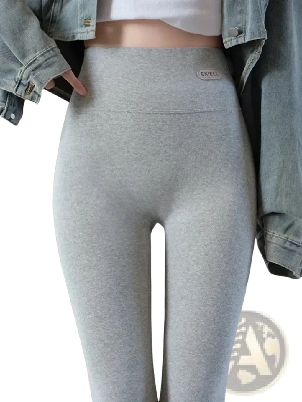 Gray heathered high-waisted women cotton fleece slimming leggings with subtle eniel brand tag on the waistband