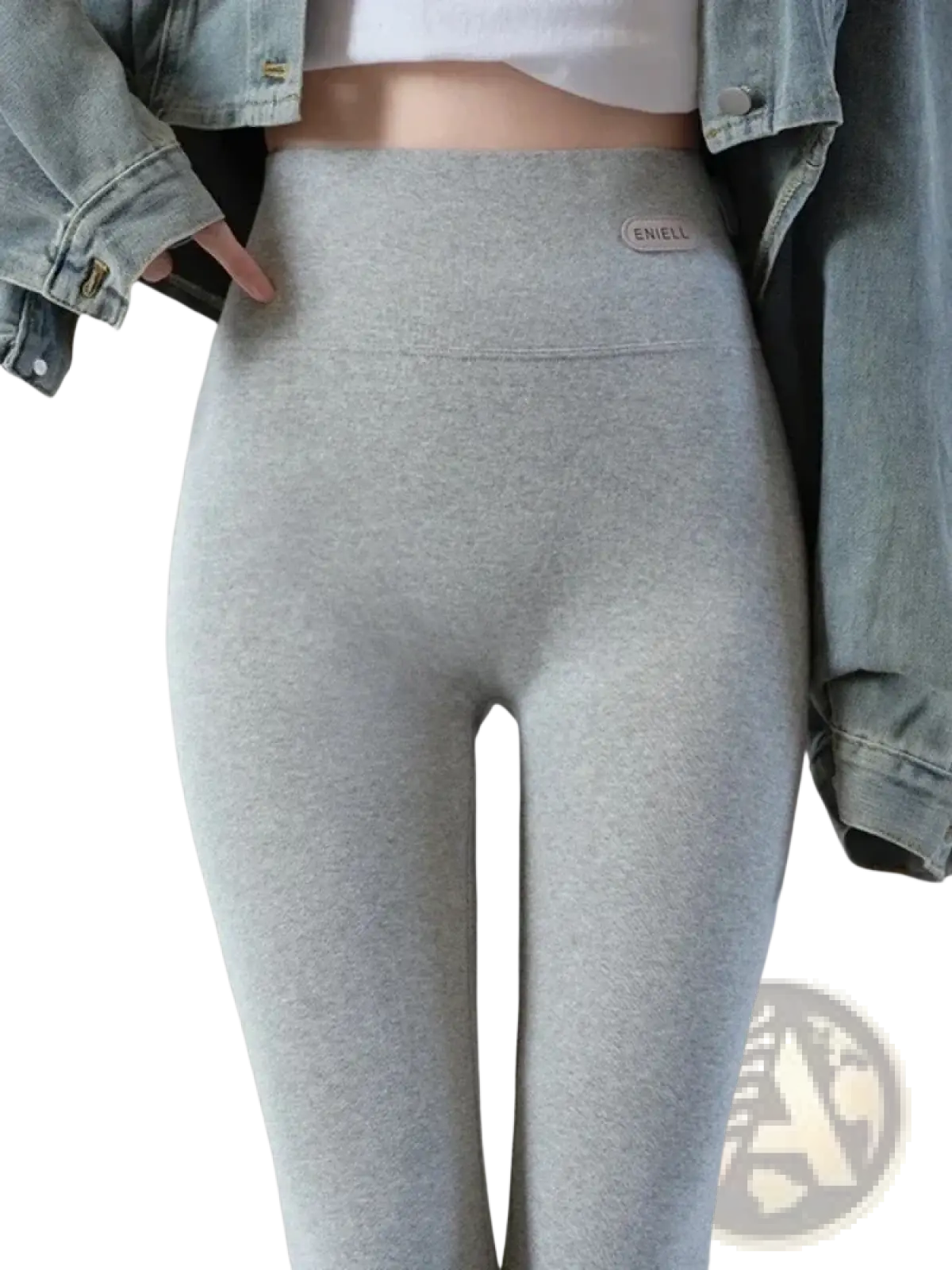 Gray heathered high-waisted women cotton fleece slimming leggings with subtle eniel brand tag on the waistband