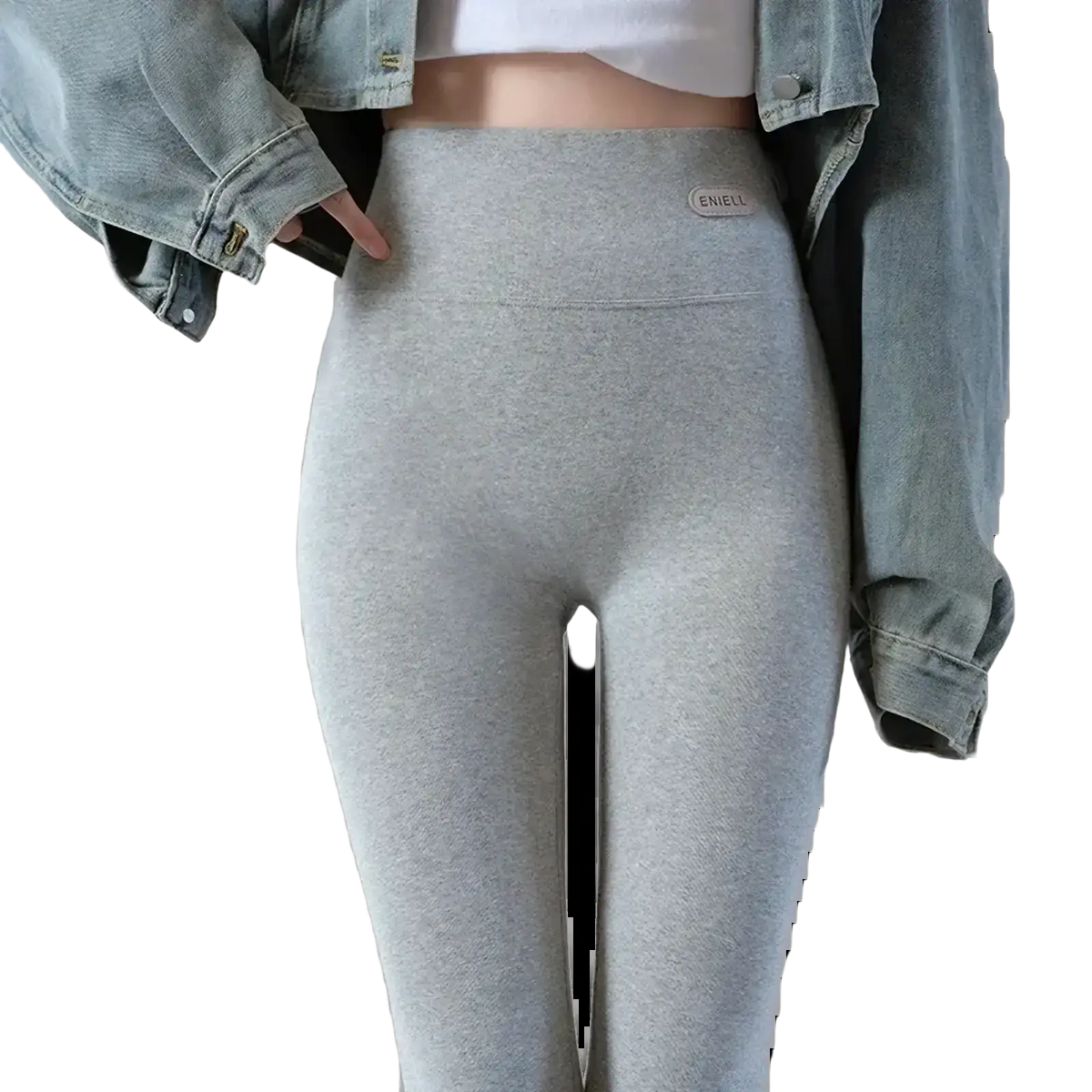 Gray heathered women cotton fleece slimming leggings with high waist and subtle brand tag at the waistband