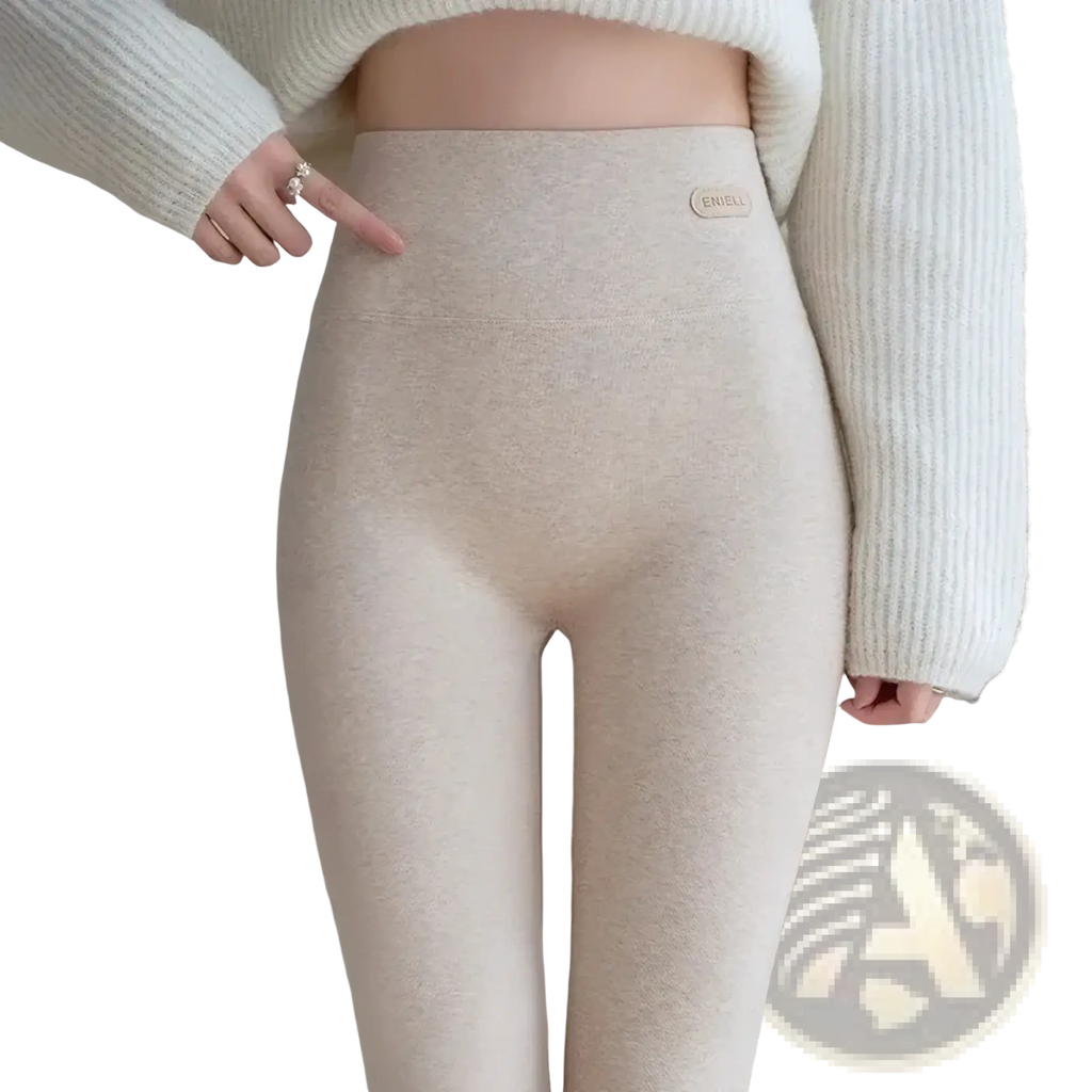 Beige high-waisted women cotton fleece slimming leggings with soft textured knit fabric and subtle waistband logo