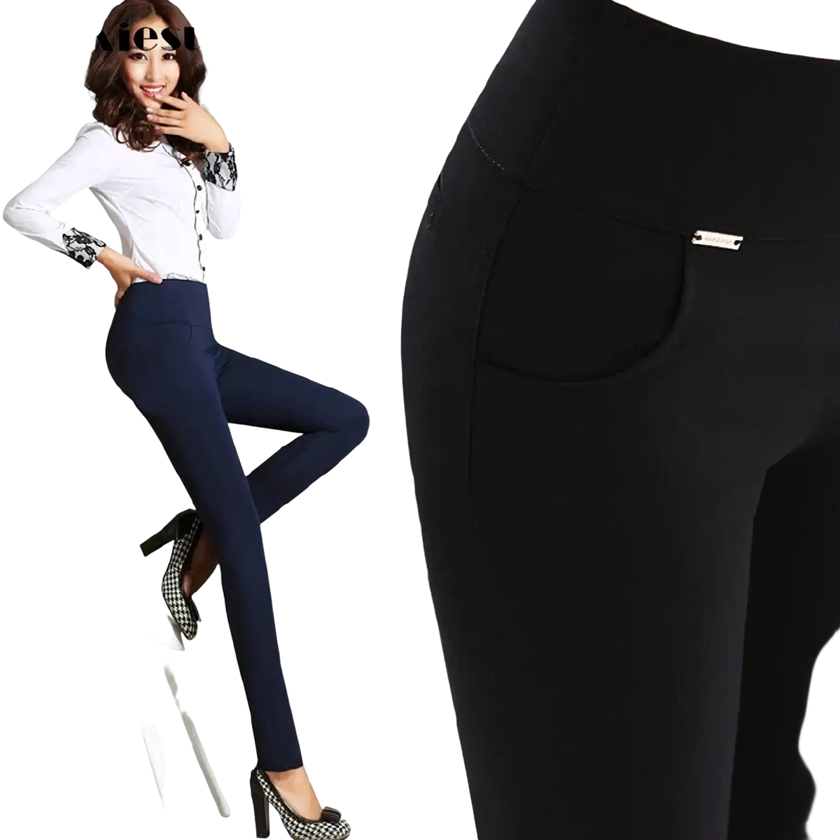 Navy blue women cotton high waisted leggings with a front pocket and subtle stitching details for workout use