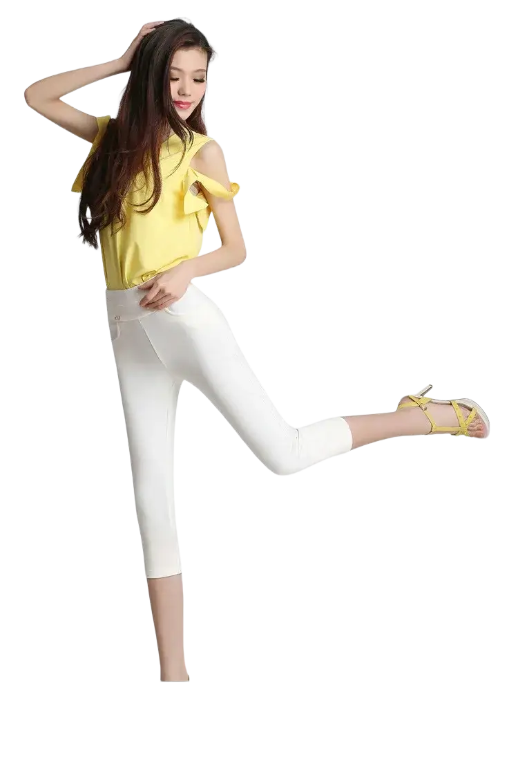 White cotton high waisted capri leggings for women designed for workout and casual wear