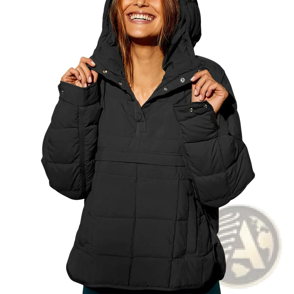 Women cotton hooded quilted puffer jacket in black with snap-button cuffs and a warm insulated design