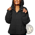 Women cotton hooded quilted puffer jacket in black with snap-button cuffs and a warm insulated design