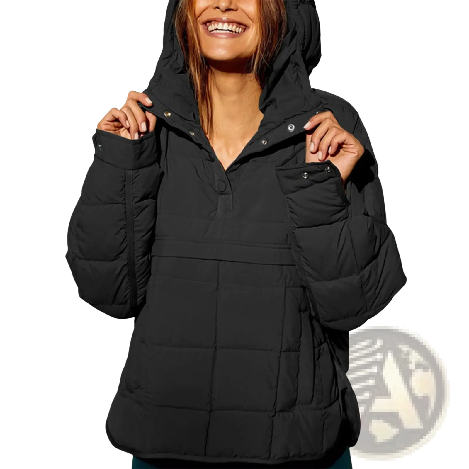 Women cotton hooded quilted puffer jacket in black with snap-button cuffs and a warm insulated design