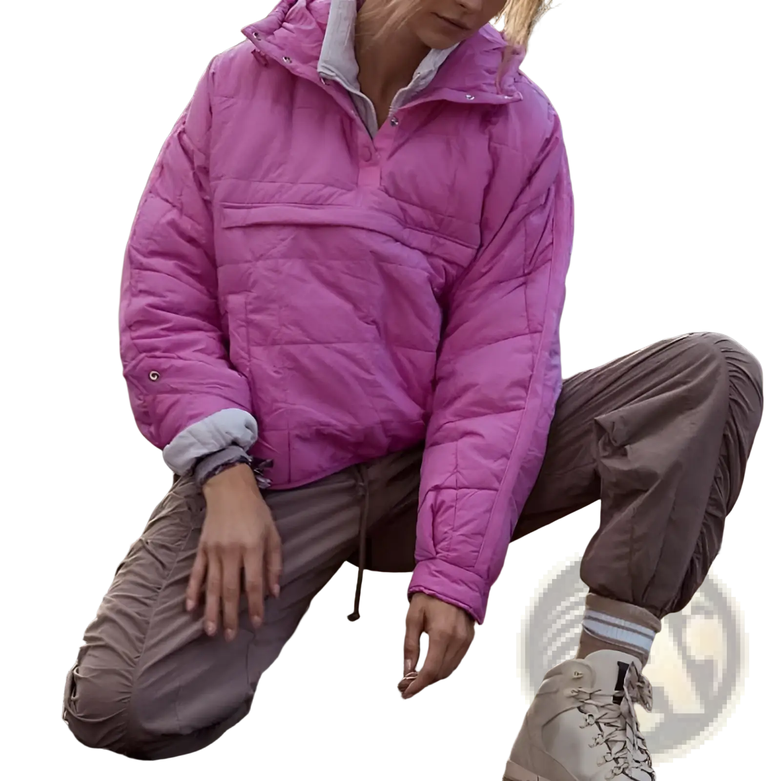 Vibrant pink women cotton hooded quilted puffer jacket with silver-toned zipper details and a stylish padded design