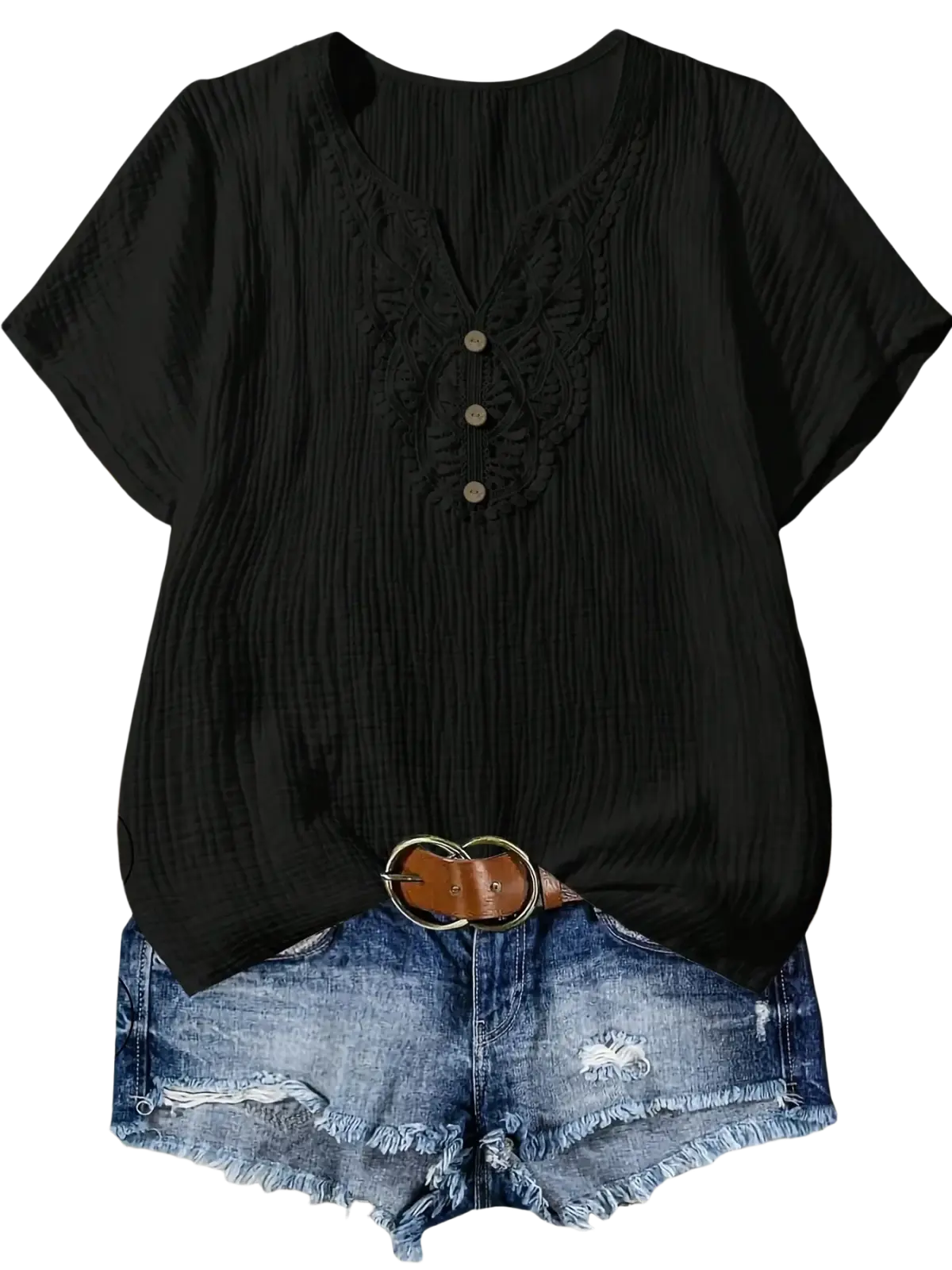 Black textured cotton women casual v-neck short-sleeve top with delicate lace detailing around buttons
