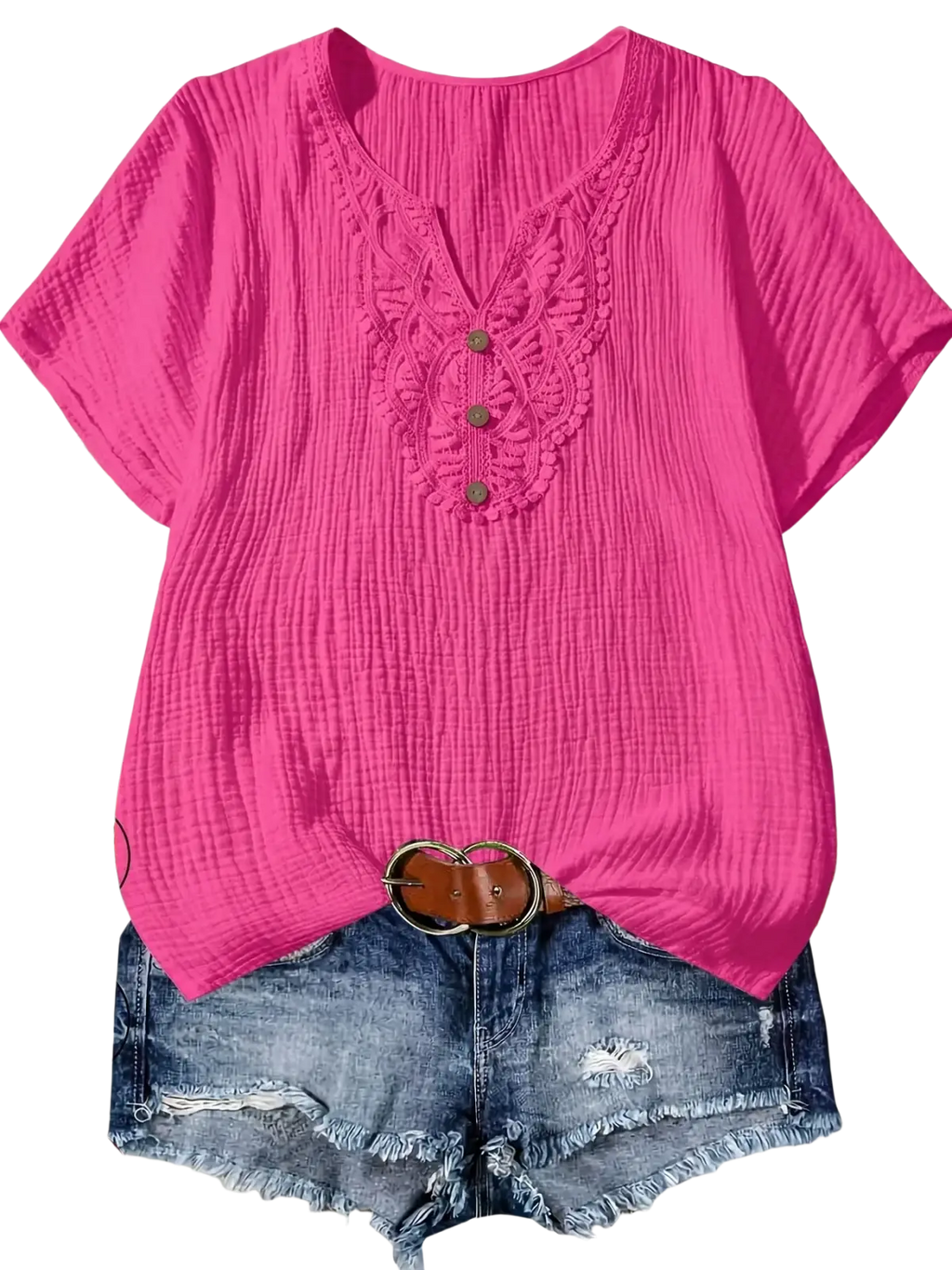Women cotton lace v-neck casual short-sleeve shirt in bright pink soft ribbed cotton with intricate lace detailing