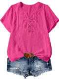 Women cotton lace v-neck casual short-sleeve shirt in bright pink soft ribbed cotton with intricate lace detailing