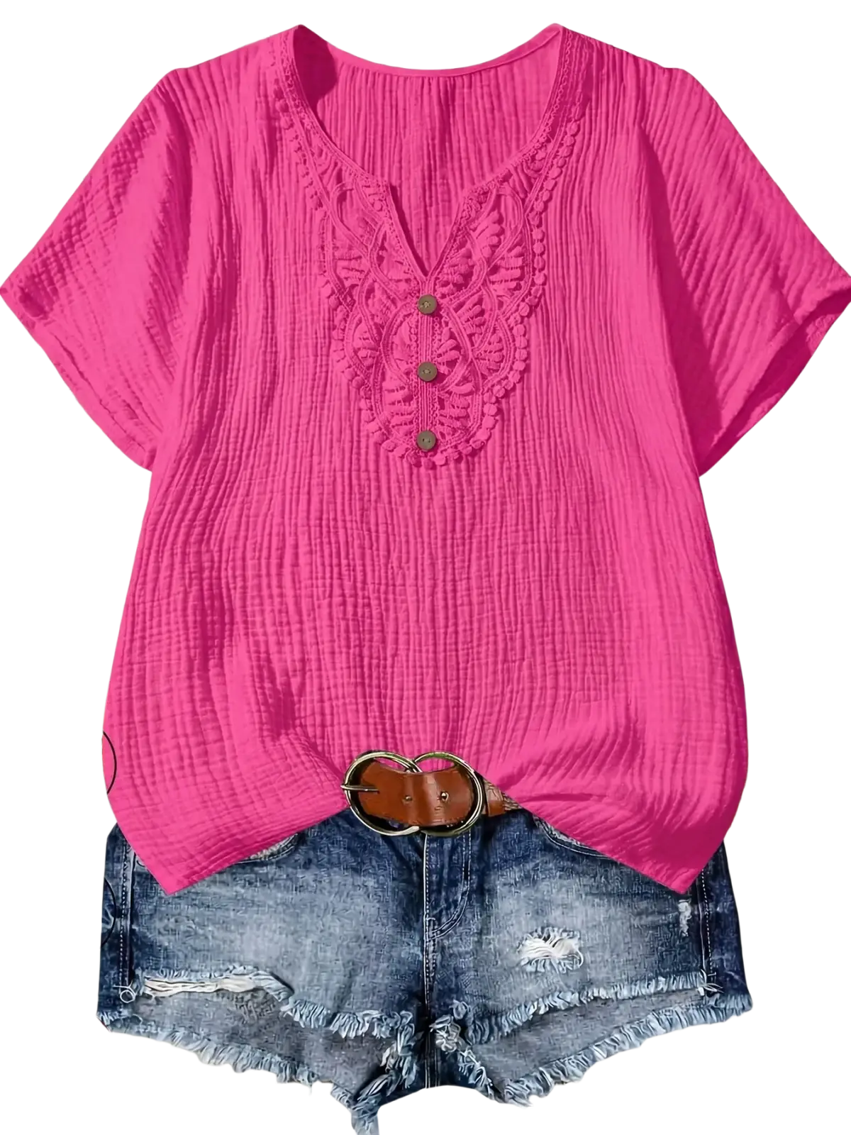 Women cotton lace v-neck casual short-sleeve shirt in bright pink soft ribbed cotton with intricate lace detailing
