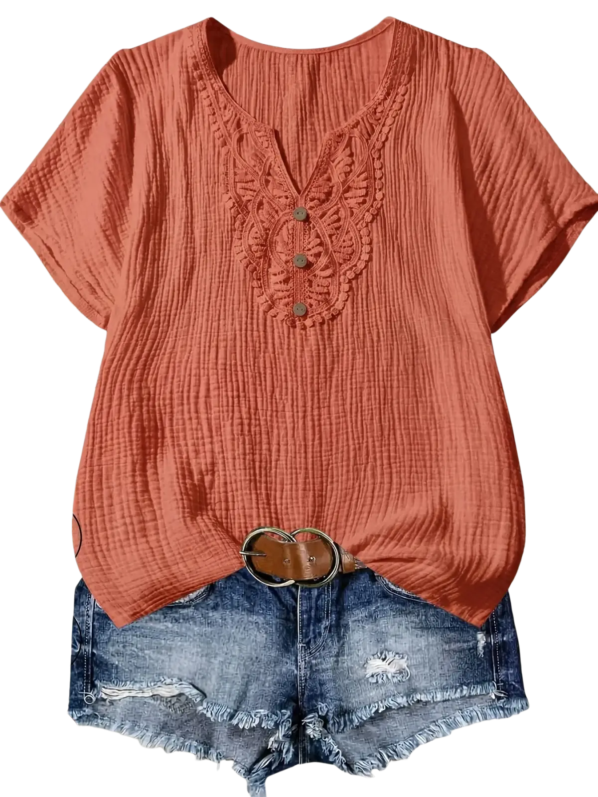 Coral-colored women cotton short-sleeve top with ribbed texture and embroidered v-neckline for casual wear