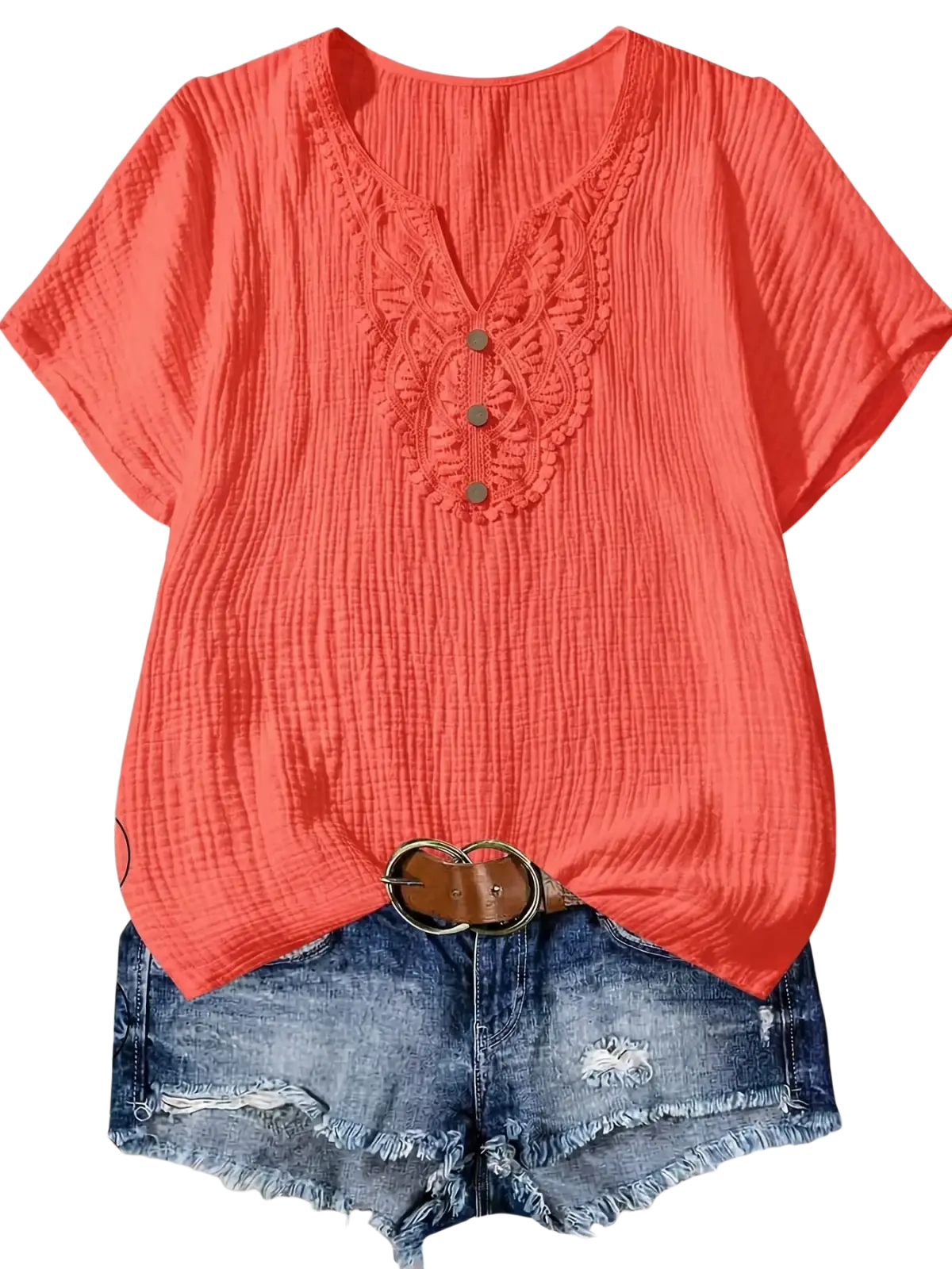Women cotton lace v-neck casual short-sleeve coral top with textured fabric and embroidered neckline detailing